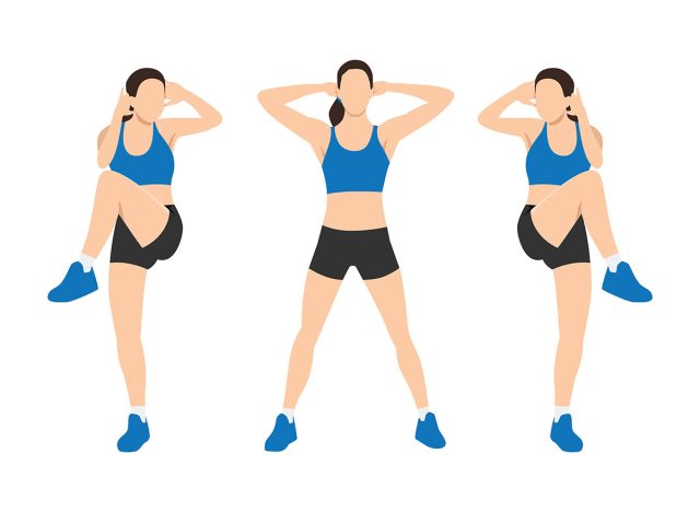 Woman doing Standing criss cross crunches exercise. Flat vector illustration isolated on white background