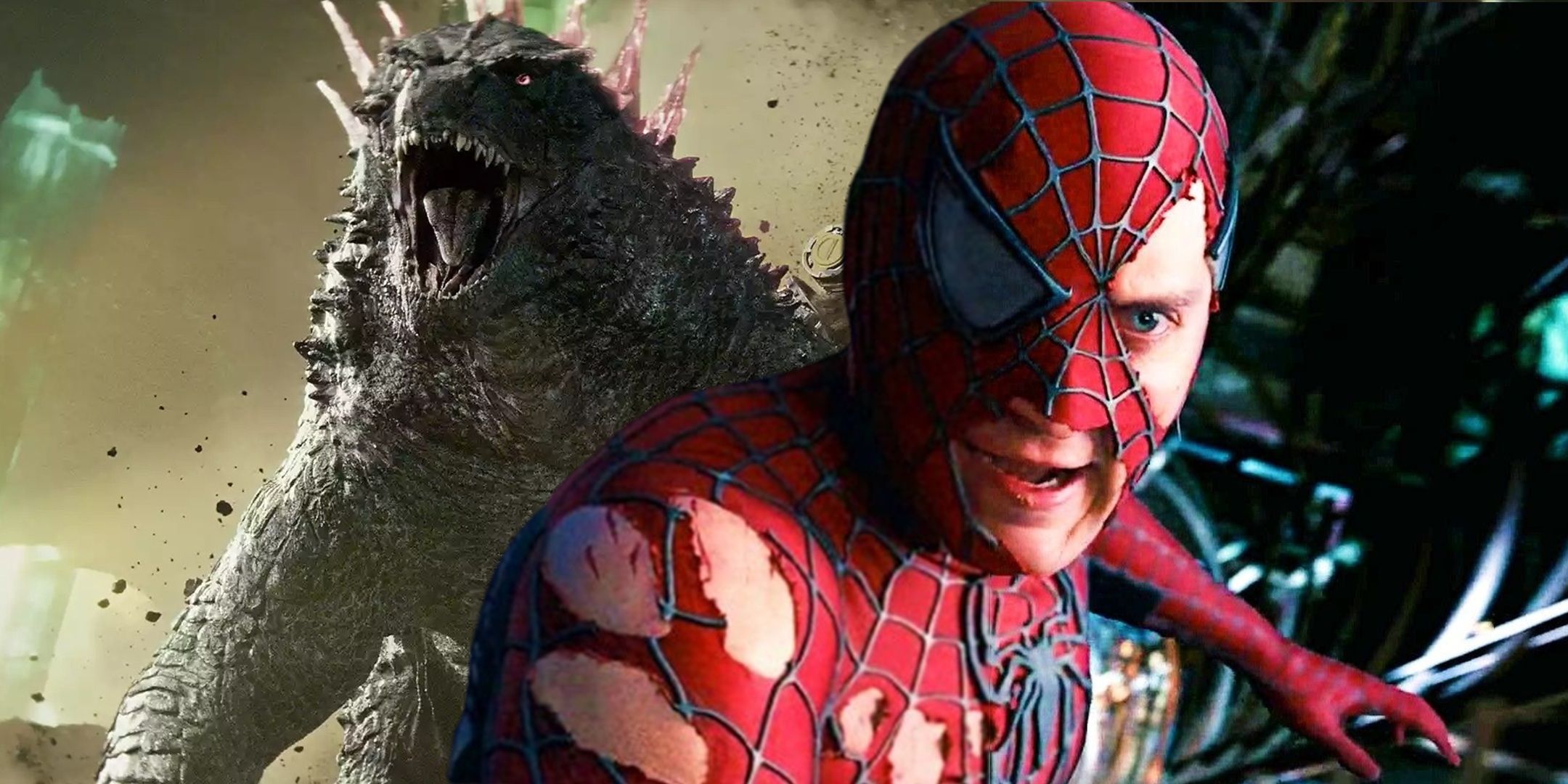 Godzilla next to a battle damaged Spider-Man