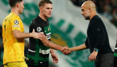 LISBON, PORTUGAL - NOVEMBER 5: Head Coach Josep Guardiola of Manchester City congratulates goal scorer Viktor Gyokeres of Sporting CP at the end of...
