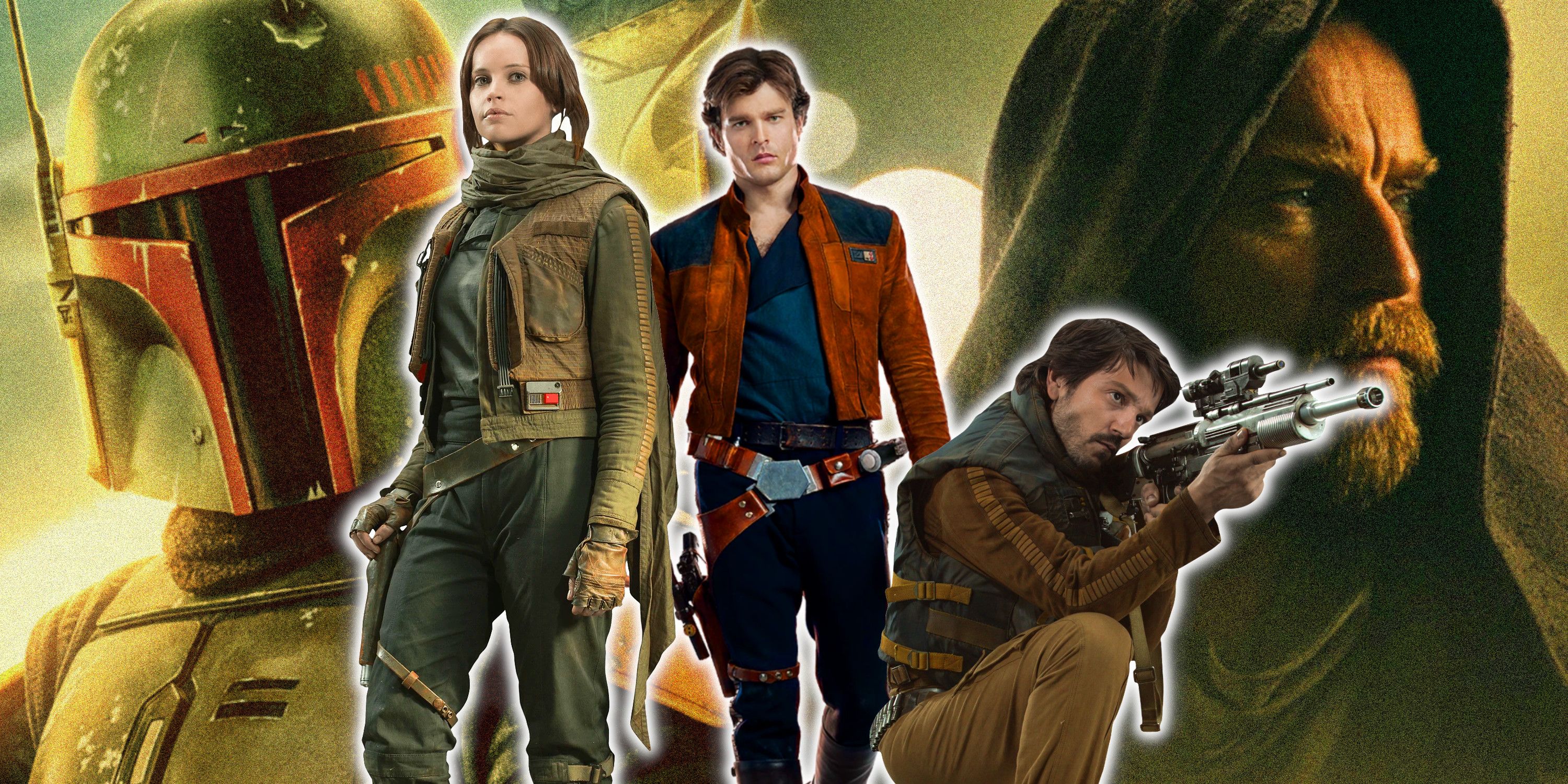 Jyn Erso, Han Solo and Cassian Andor inf ront of the posters for The Book of Boba Fett and Obi-Wan Kenobi