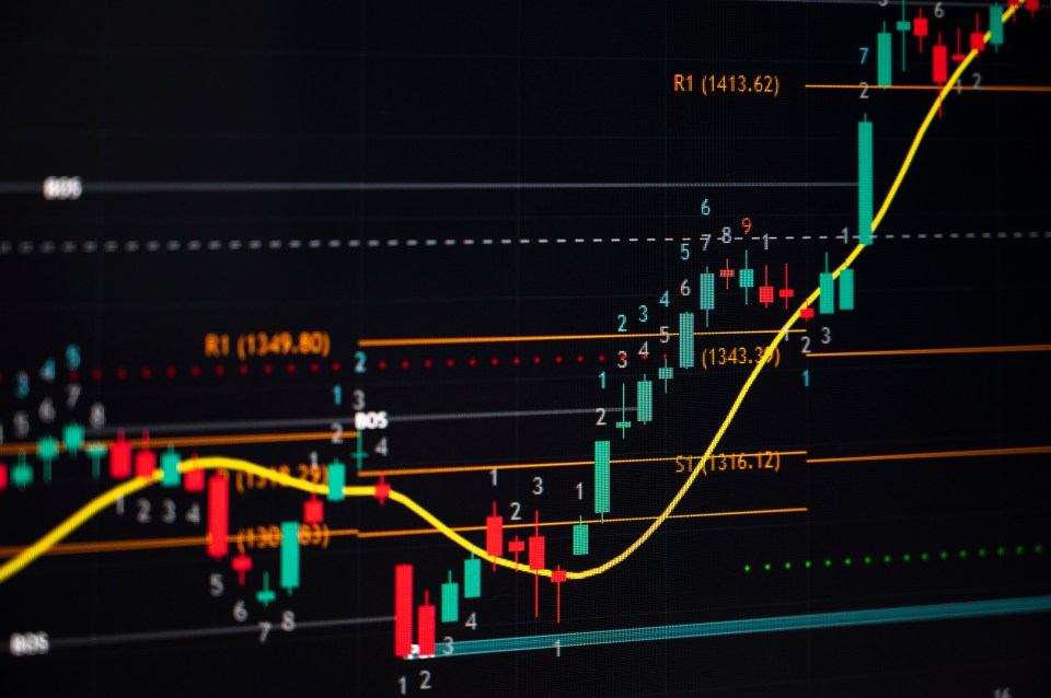 Stock market graph showing upward and downward trends.