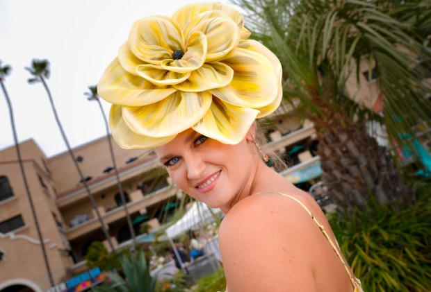 Olena Nalivkina of Alpine attended the opening day at the Del Mar Racetrack for the 31st annual Opening Day Hats Contest. (Nelvin C. Cepeda / The San Diego Union-Tribune)