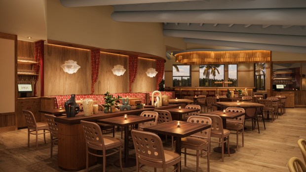 An artist's rendering of the main dining room for Lana restaurant, opening this spring in Solana Beach. (Workind Studio)