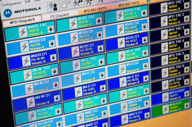 At San Diego Police Headquarters downtown, the radio system screen displays the frequencies that have recently been converted to the encrypted system.  (Nelvin C. Cepeda / The San Diego Union-Tribune)
