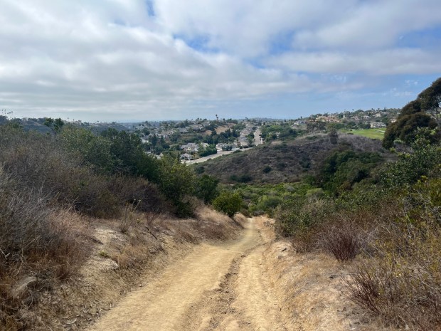 The descent off the mountain top is steep, and hikers should be sure to wear shoes with good traction to not slip. (Maura Fox / The San Diego Union-Tribune)