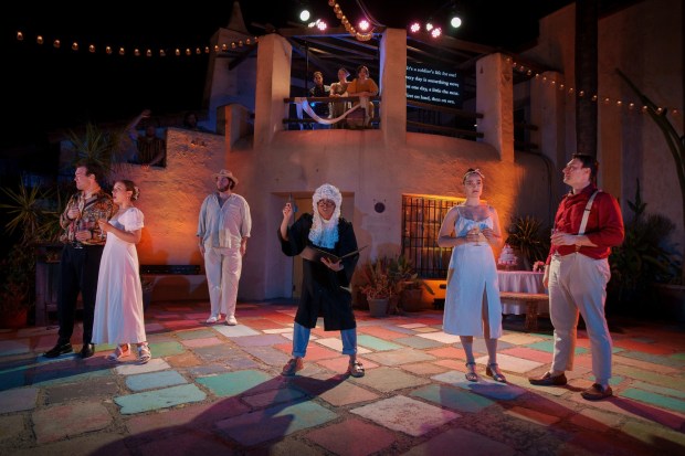 A scene from Opera Neo's 2024 production of Mozart's "Cosi fan tutte" at the Spanish Village Art Center in Balboa Park. The company returns to the outdoor venue later this month. (Gary Payne)