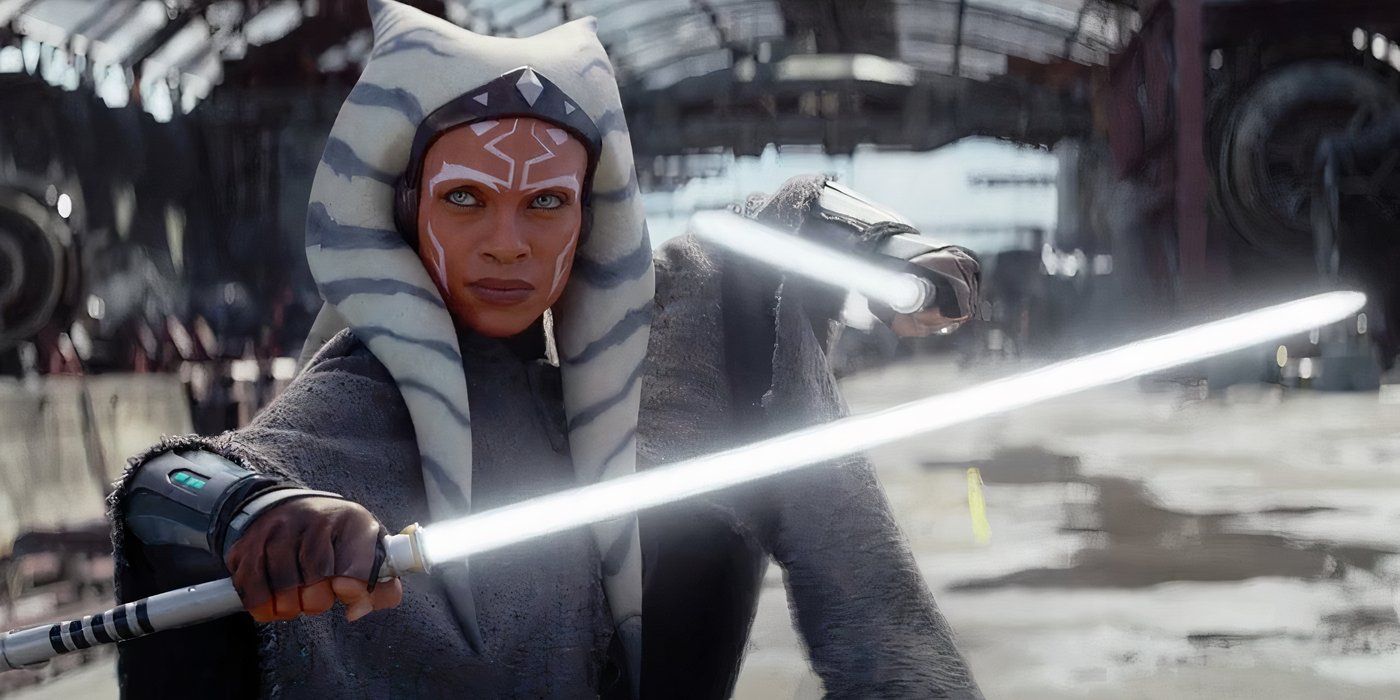 Rosario Dawson as Ahsoka Tano fighting bad guys who started attacking her while heading back to her ship in Ahsoka.