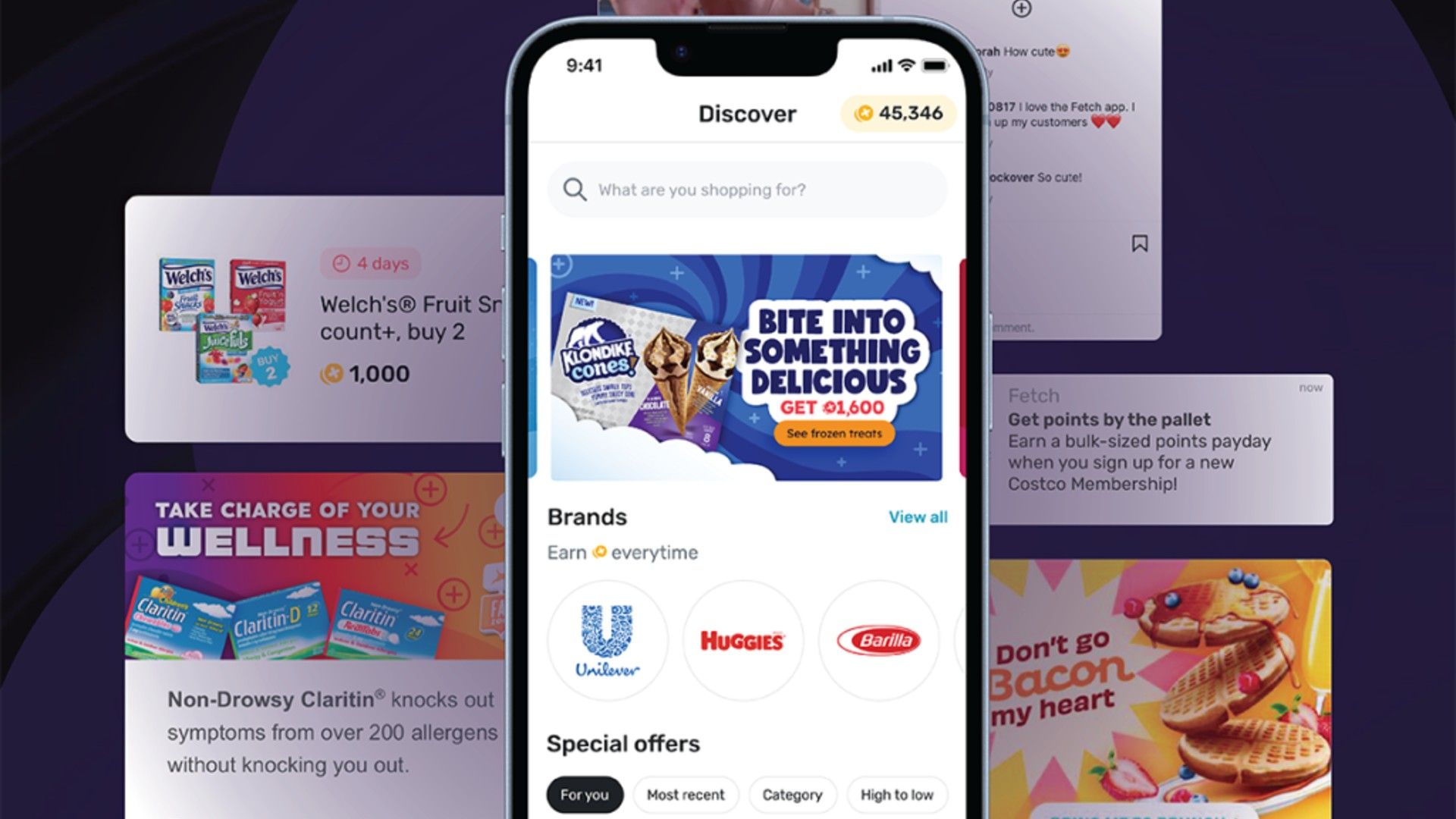 The Fetch app on a phone showing off the different points and deals people can get.