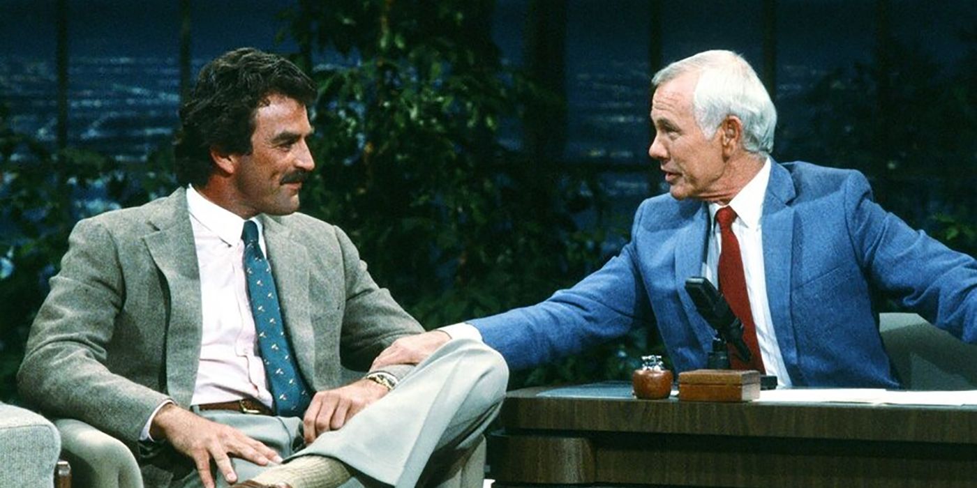 Johnny Carson talking to Tom Selleck on The Tonight Show.