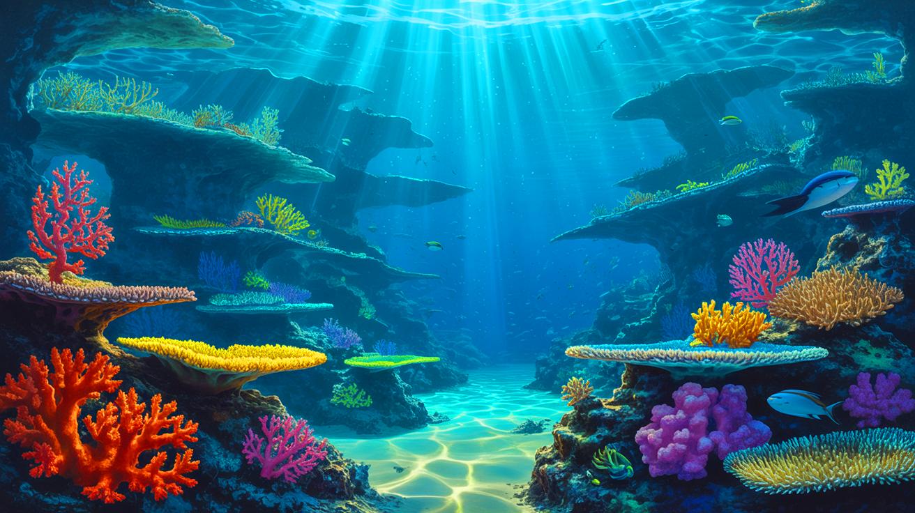 Illustration of Hawai‘i’s coral reefs facing ocean acidification, generated by artificial intelligence.