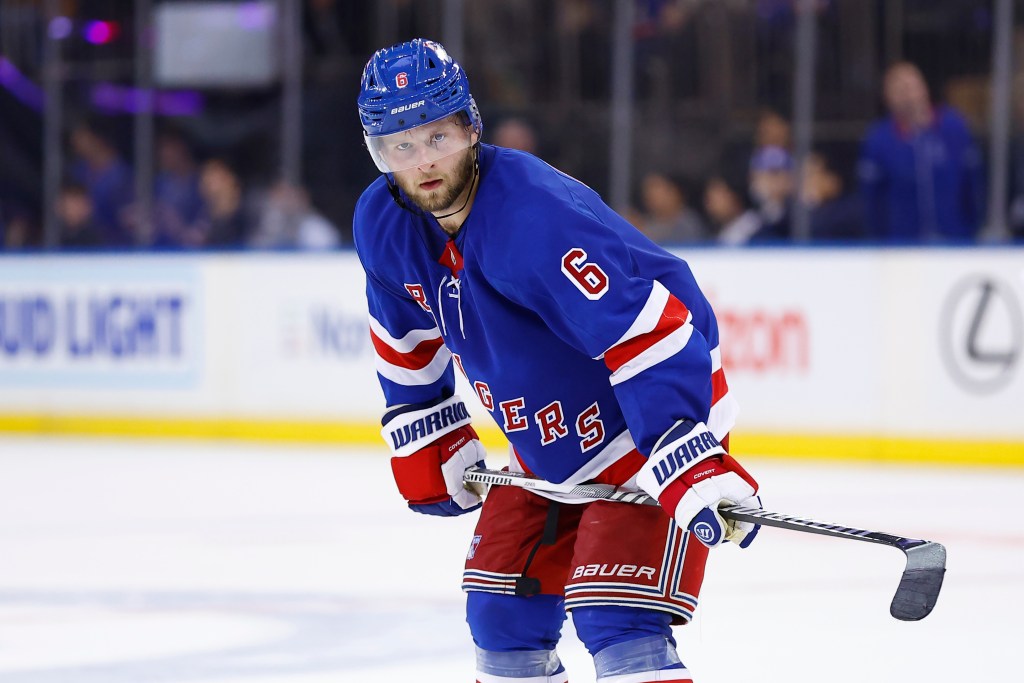 New York Rangers player Zac Jones #6 during a hockey game.