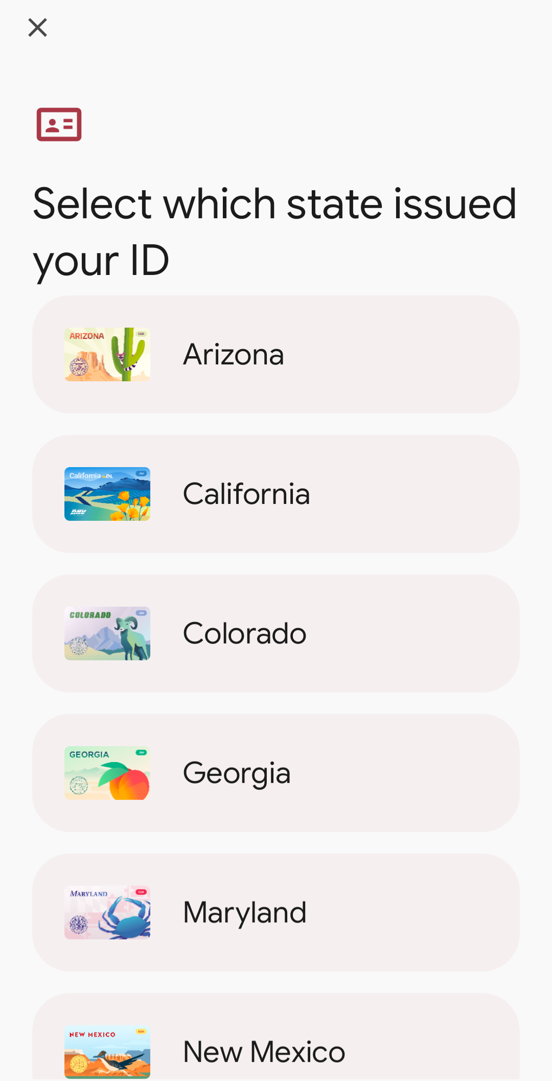 Google Wallet app open prompting you to select which state issued your ID so you can add your ID.