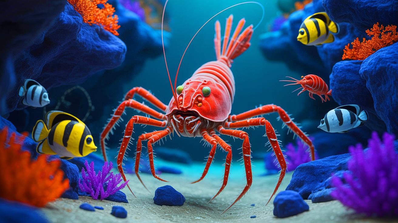 Illustration of a newly discovered crustacean species, Dulcibella camanchaca, thriving in the depths of the Atacama Trench, generated by artificial intelligence.