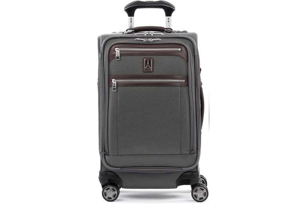 A grey suitcase with wheels