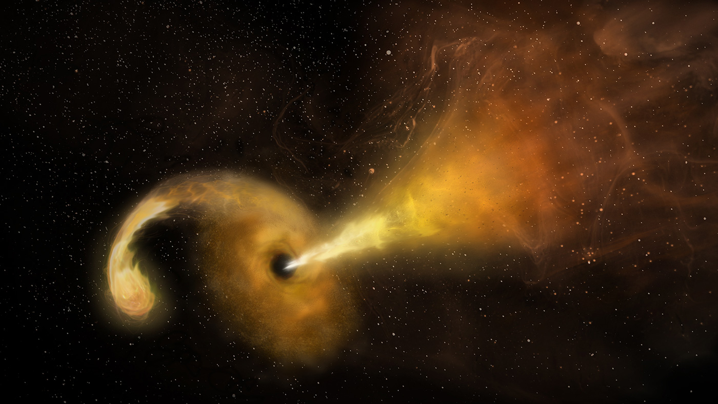 An artist's depiction of a black hole with yellow hazy glowing streaks around it. A similarly colored jet protrudes from the center.