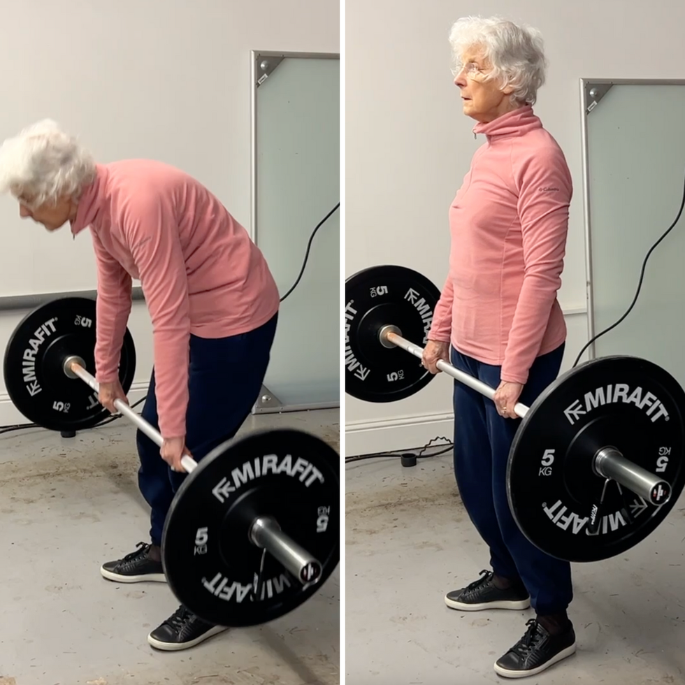 a side by side image of an older, white haired woman wearing navy trousers and a pink fleece. in the left image, she is leaning down into a deadlift and in the right image, she is coming back up straight.