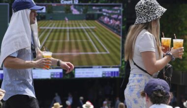 Photos of Wimbledon fans and players struggling to stay cool in record-breaking heat