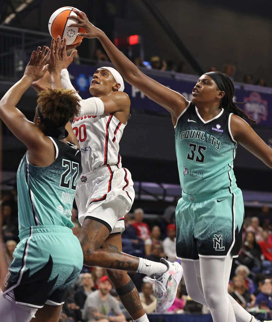 Jonquel Jones (No. 35) blocks a shot during the Liberty-Mystics game on May 30, 2025. 