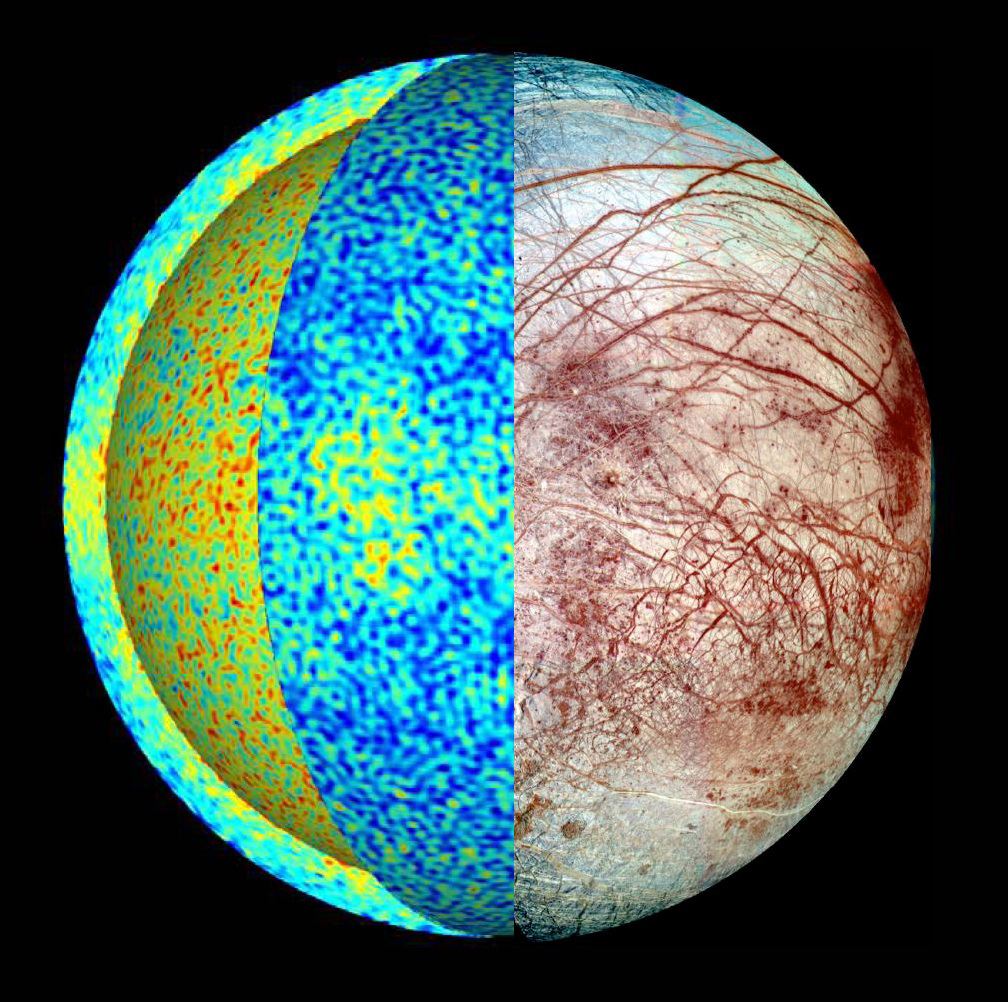 An illustration showing slivers of different colors on Europa, indicating different levels of ocean.