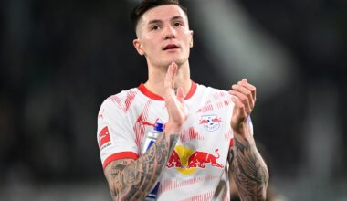 WOLFSBURG, GERMANY: Benjamin Sesko of RB Leipzig applauds the fans after defeating VfL Wolfsburg during the Bundesliga match between VfL Wolfsburg ...