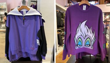 Side-by-side photo of Ursula and Evil Queen sweatshirts on display at a Disney World clothing store.