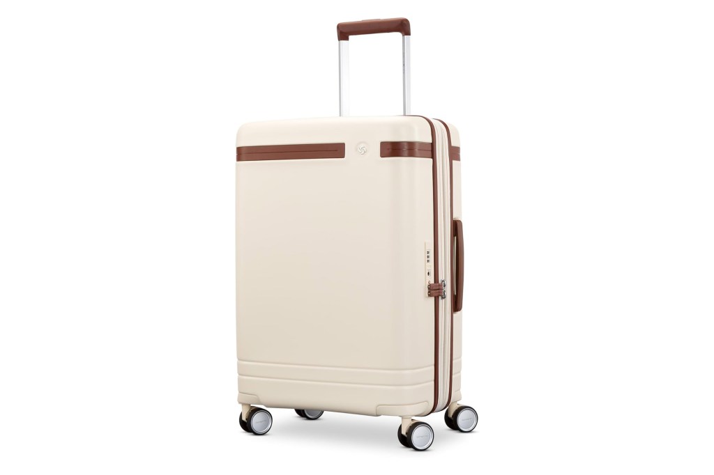 Ivory suitcase with brown stripe