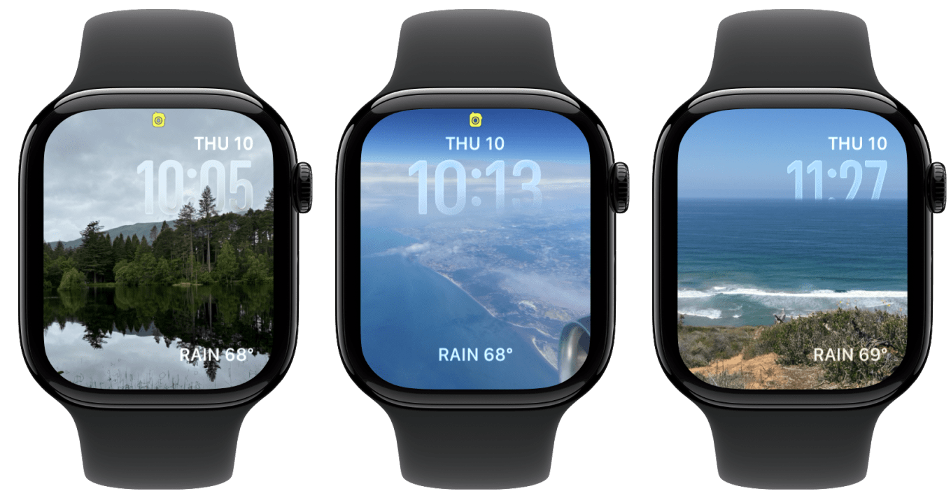 Three Photos watch faces with Liquid Glass numerals