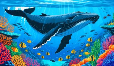 Illustration of whales transporting nutrients across oceans through their urine, supporting marine ecosystems and biodiversity. This is an artificial illustration.