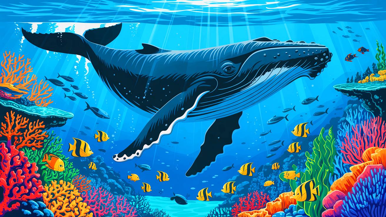 Illustration of whales transporting nutrients across oceans through their urine, supporting marine ecosystems and biodiversity. This is an artificial illustration.