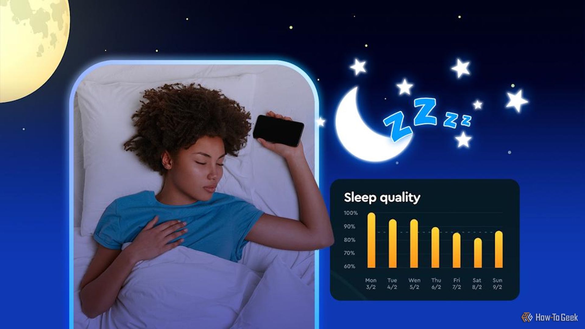 Woman sleeping with a phone in her hand, next to a sleep quality chart on a night-themed background with moon, stars, and 'zzz' symbols.