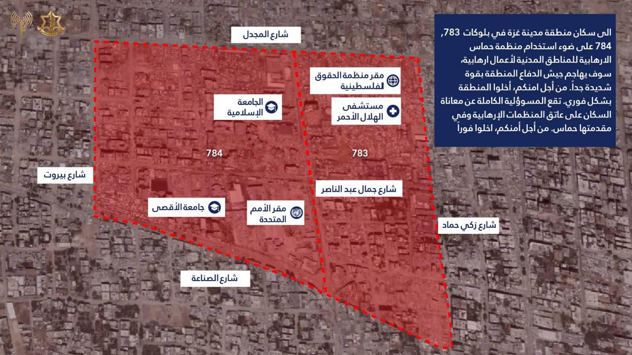 Notice to evacuate the southern Rimal neighborhood (Arabic Facebook page of the Israeli Coordinator of Government Activities in the Territories, July 11, 2025). 