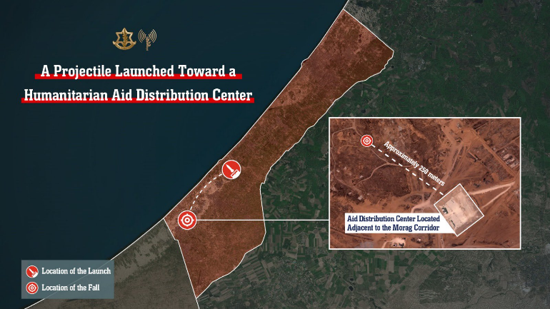 Map of the rocket launch targeting the aid distribution compound (IDF spokesperson, July 24, 2025)