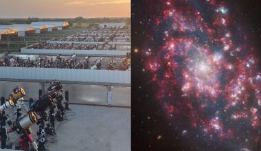 Left: Rows of telescopes set up outdoors at sunset. Right: Colorful image of a galaxy, showing bright clusters of stars and cosmic dust against a dark background.