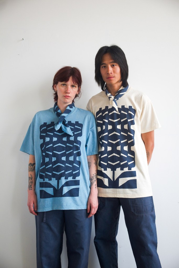 Models Shelby Olson and Elliot Young wear T-shirts and bandanas from the All We Remember x Cody Hudson Summer Solstice collection