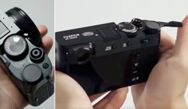 Two close-up views of hands holding a Fujifilm X100 camera, showing its dials and controls from different angles against a plain background.