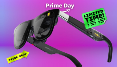 A pair of black AR glasses against a green background.