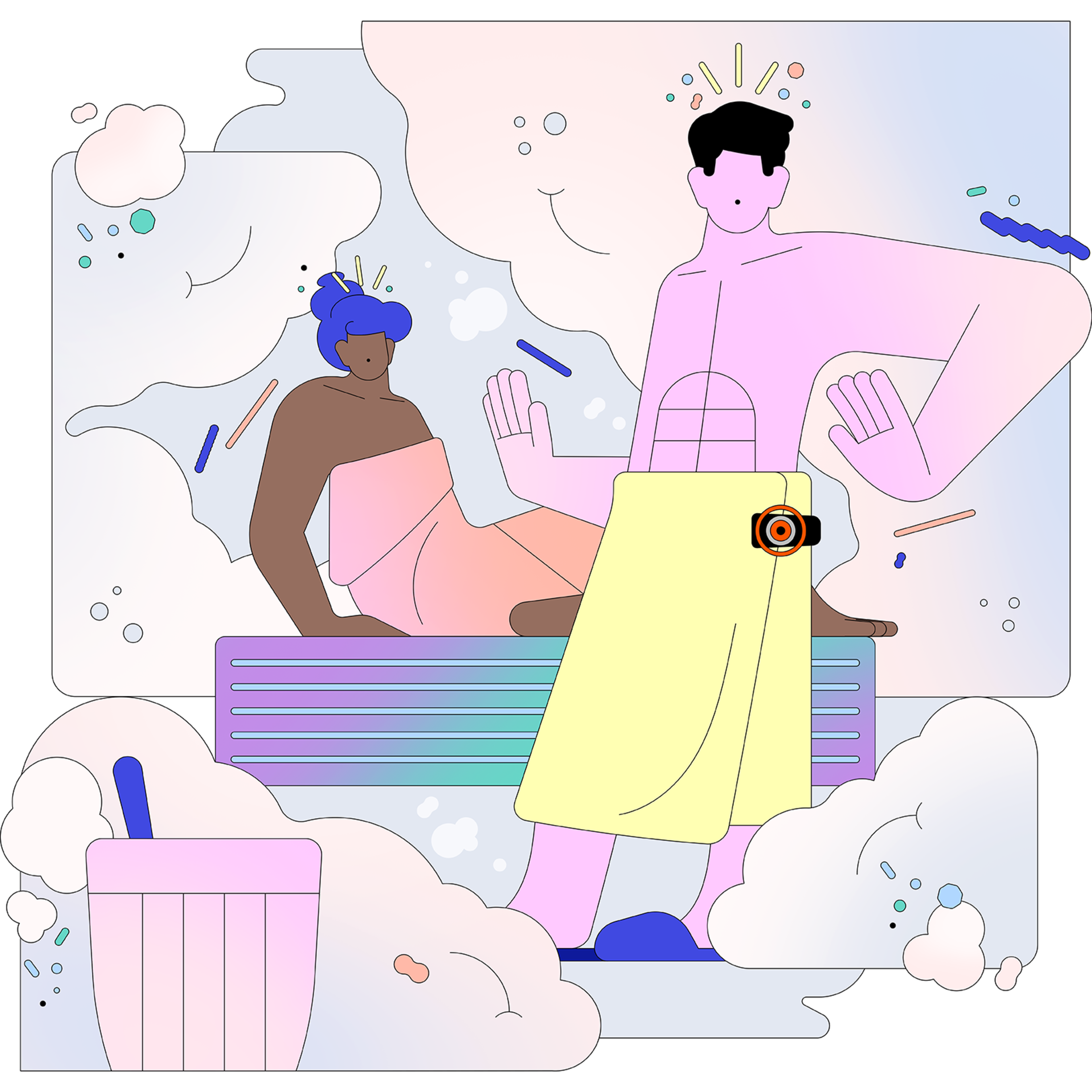 A stylized sauna scene with a seated woman wrapped in a towel and a standing man in a towel holding up his hands, surrounded by steam.