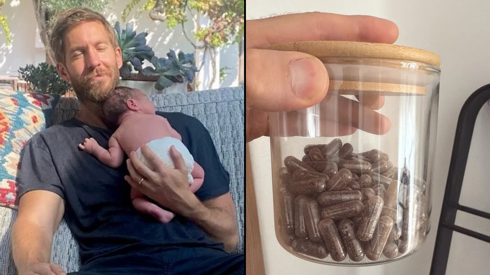 Collage of a man holding a newborn baby and a jar of capsules.
