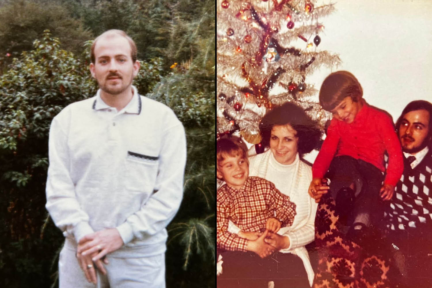 Diptych of a man and a family photo.