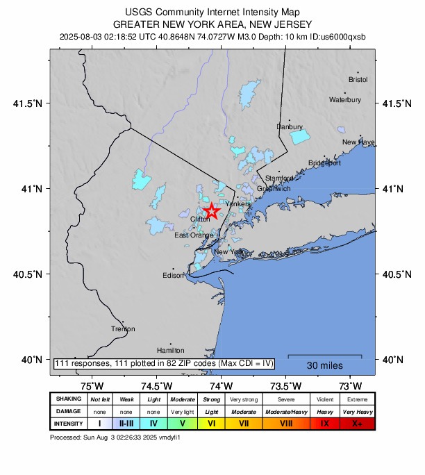 Map of New Jersey earthquake intensity.