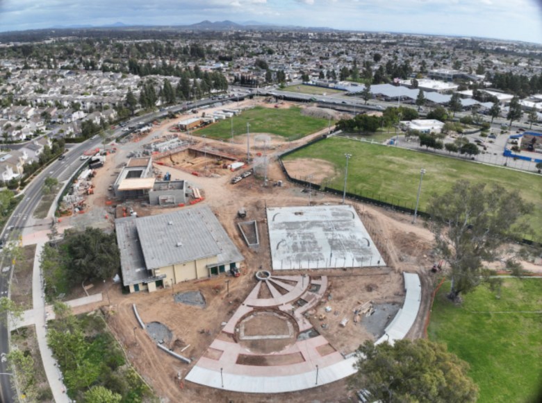 An aerial view of construction at Mira Mesa Community Park.