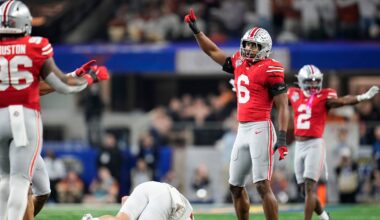 Ohio State Buckeyes safety Sonny Styles (6) celebrates a hit on Texas Longhorns tight end Gunnar Helm (85) during the first half of the Cotton Bowl Classic College Football Playoff semifinal game at AT&T Stadium in Arlington, Texas on Jan. 10, 2025.