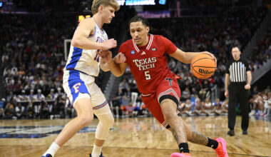 Mar 29, 2025; San Francisco, CA, USA; Texas Tech Red Raiders forward Darrion Williams (5) drives to the hoop past Florida Gators forward Thomas Haugh (10) during the second half during the West Regional final of the 2025 NCAA tournament at Chase Center. Mandatory Credit: Eakin Howard-Imagn Images