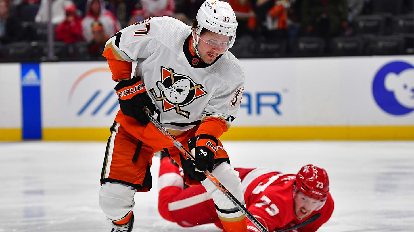 Nov 15, 2022; Anaheim, California, USA; Anaheim Ducks center Mason McTavish (37) moves the puck ahead of Detroit Red Wings left wing Adam Erne (73) during the second period at Honda Center. Mandatory Credit: Gary A. Vasquez-Imagn Images