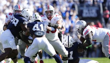 Ohio State Buckeyes offensive linemen Seth McLaughlin (56), Carson Hinzman (75) and Donovan Jackson (74) block during the NCAA football game against the Penn State Nittany Lions at Beaver Stadium in University Park, Pa. on Monday, Nov. 4, 2024. Ohio State won 20-13.