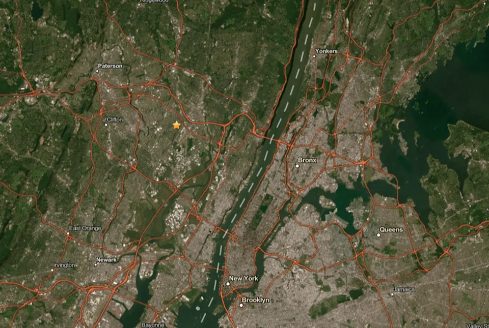 Image: A satellite map showing the epicenter, marked with a star, of the 3.0-magnitude earthquake that hit near Hasbrouck Heights, N.J., on Aug. 2, 2025.  (USGS)