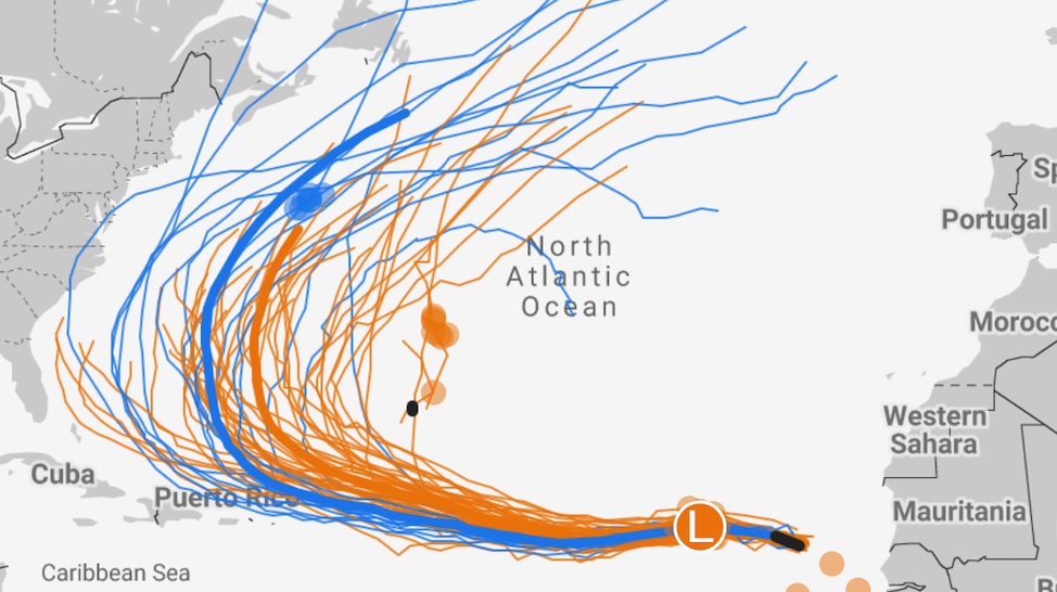 Most models show Erin curving back to sea before hitting the U.S. East Coast. 