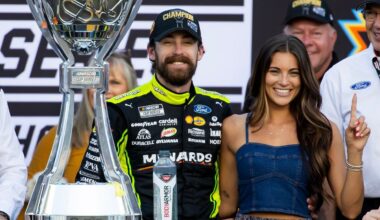 Nov 6, 2022; Avondale, Arizona, USA; NASCAR Cup Series driver Ryan Blaney (right) with girlfriend Gianna Tulio during the Cup Championship race at Phoenix Raceway. Mandatory Credit: Mark J. Rebilas-Imagn Images