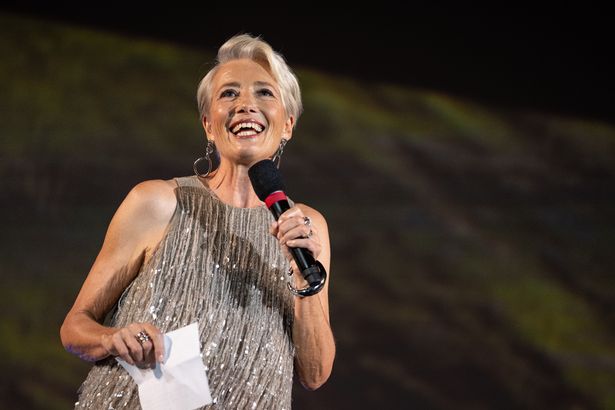 Emma Thompson speaks from the stage before the screening of the movie 'The Dead of Winter' during the 78th Locarno Film Festival on August 08, 2025 in Locarno, Switzerland. 