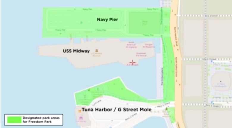 A map of the plan for Freedom Park in San Diego.
